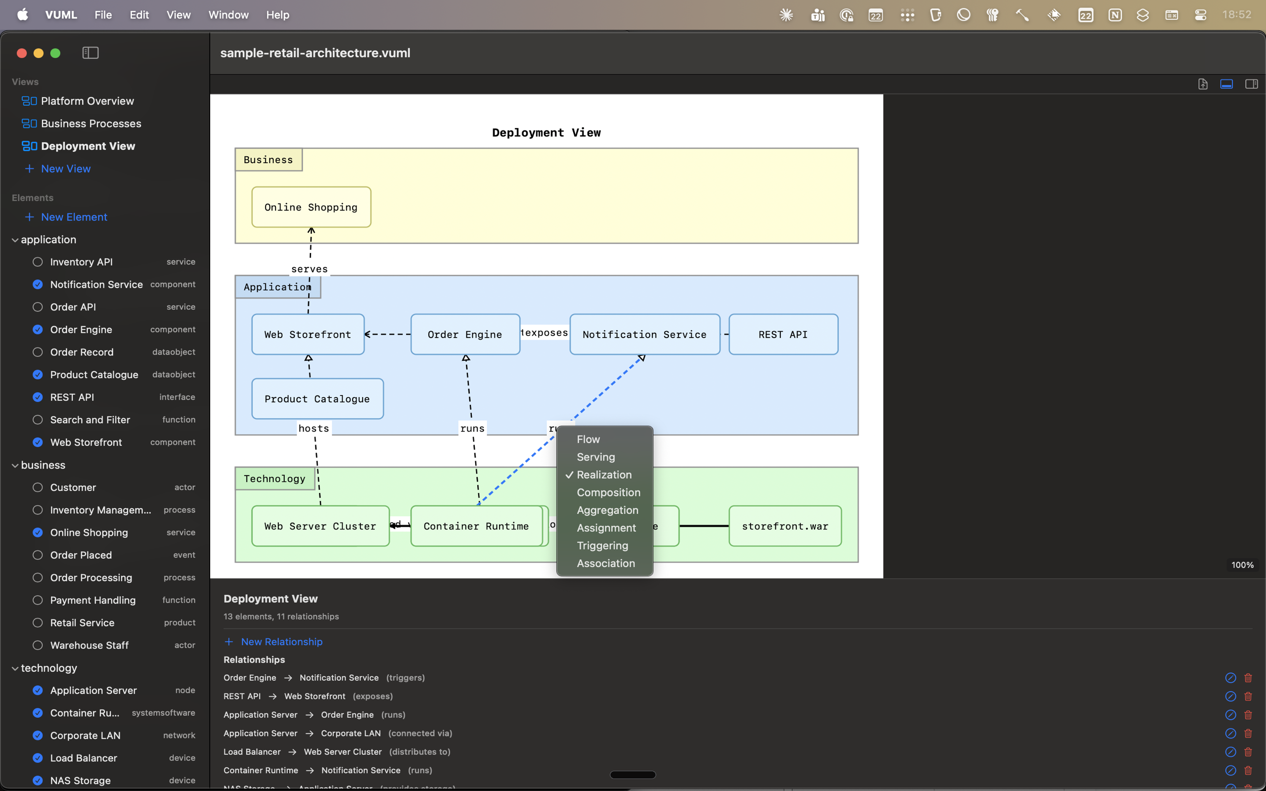VUML deployment view with relationship types and element management